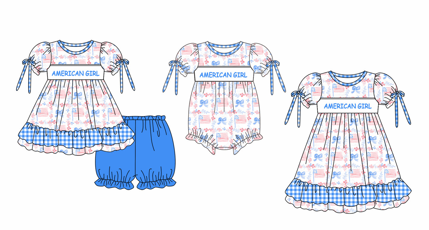 11.25 custom each style moq 5eta 4-6week Sibling Sister 4th of july AMERICA GIRL baby girl short sleeve shorts sets and dress and rompers match family design