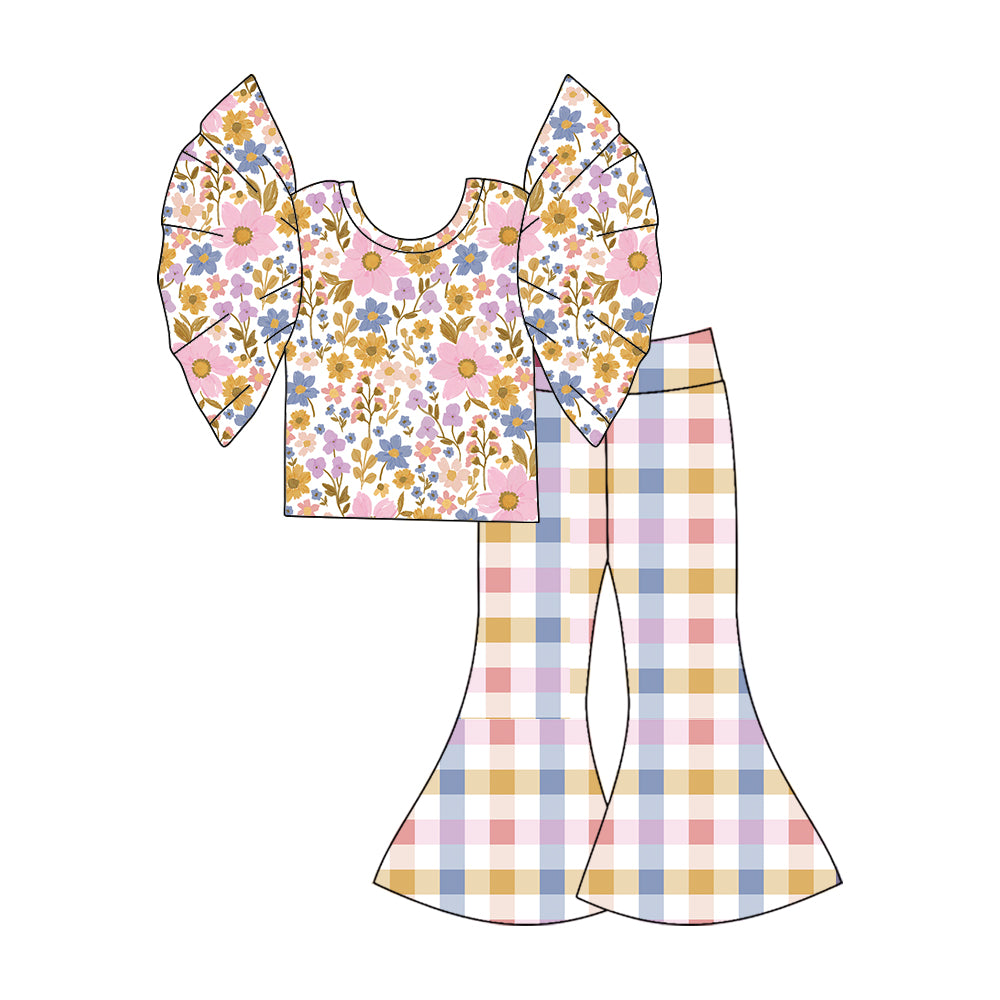 10.17 custom each style moq 5eta 4-6week baby girls clothes floral colorful plaid short sleeve pants sets