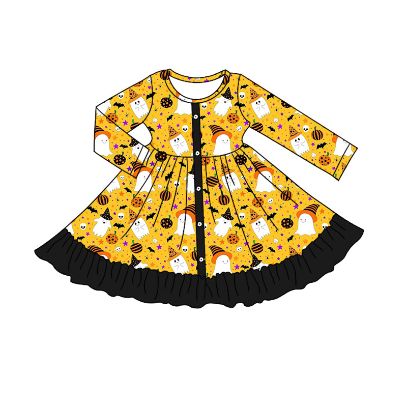 5.9custom each style moq 5eta 4-5week Sibling Sister Halloween ghost prints yellow girls set and dress match family design