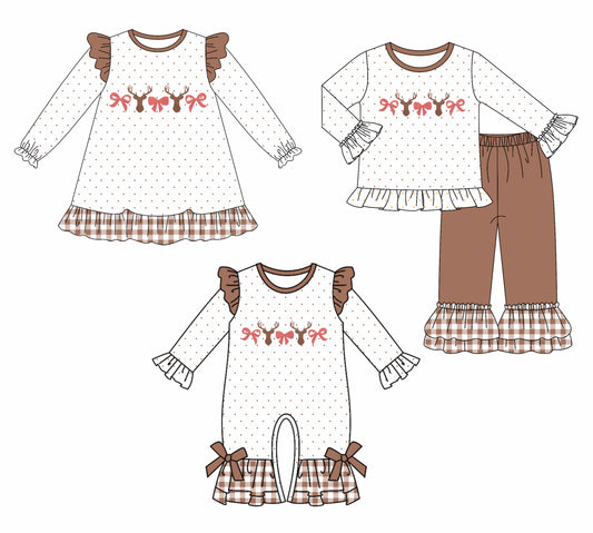 25.7.10 custom each style moq 5eta 4-6week Sibling Sisters Christmas bow baby girl long sleeve pants sets and dress and rompers match family design