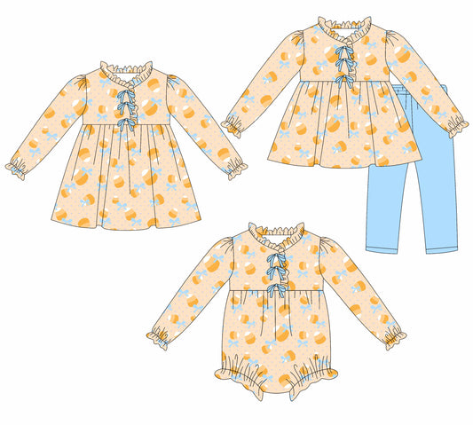 25.7.21 custom each style moq 5eta 4-6week Sibling Sisters pumpkin bow baby girl long sleeve pants sets and dress and rompers match family design