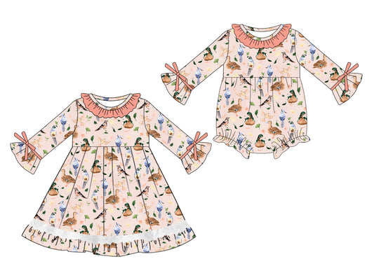 25.5.12 custom each style moq 5eta 4-6week Sibling Sisters duck baby girl long sleeve dress and rompers match family design