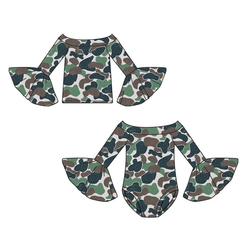 25.7.23 custom each style moq 5eta 4-6week Sibling Sisters camouflage baby girl long sleeve romper and top match family design