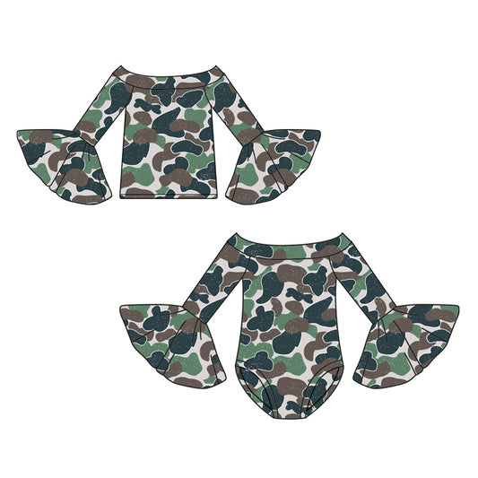 25.7.23 custom each style moq 5eta 4-6week Sibling Sisters camouflage baby girl long sleeve romper and top match family design