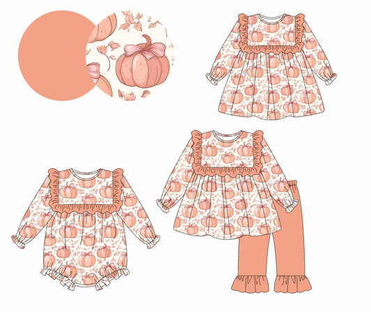25.6.6 custom each style moq 5eta 4-6week Sibling Sisters pumpkin bow baby girl long sleeve pants sets and dress and rompers match family design