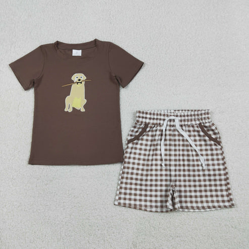 RTS NO MOQ Sibling Baby Boys Checked Hunting Clothes Set with Embroidery Dog Ducks Top And Pockets Short
