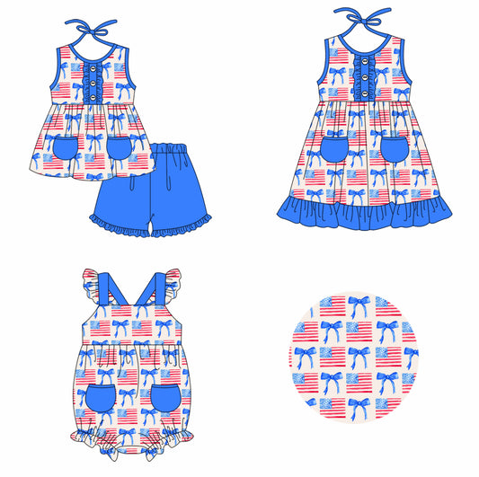 11.23 custom each style moq 5eta 4-6week Sibling Sister 4th of july bow flag baby girl short sleeve shorts sets and girls romper and dress match design