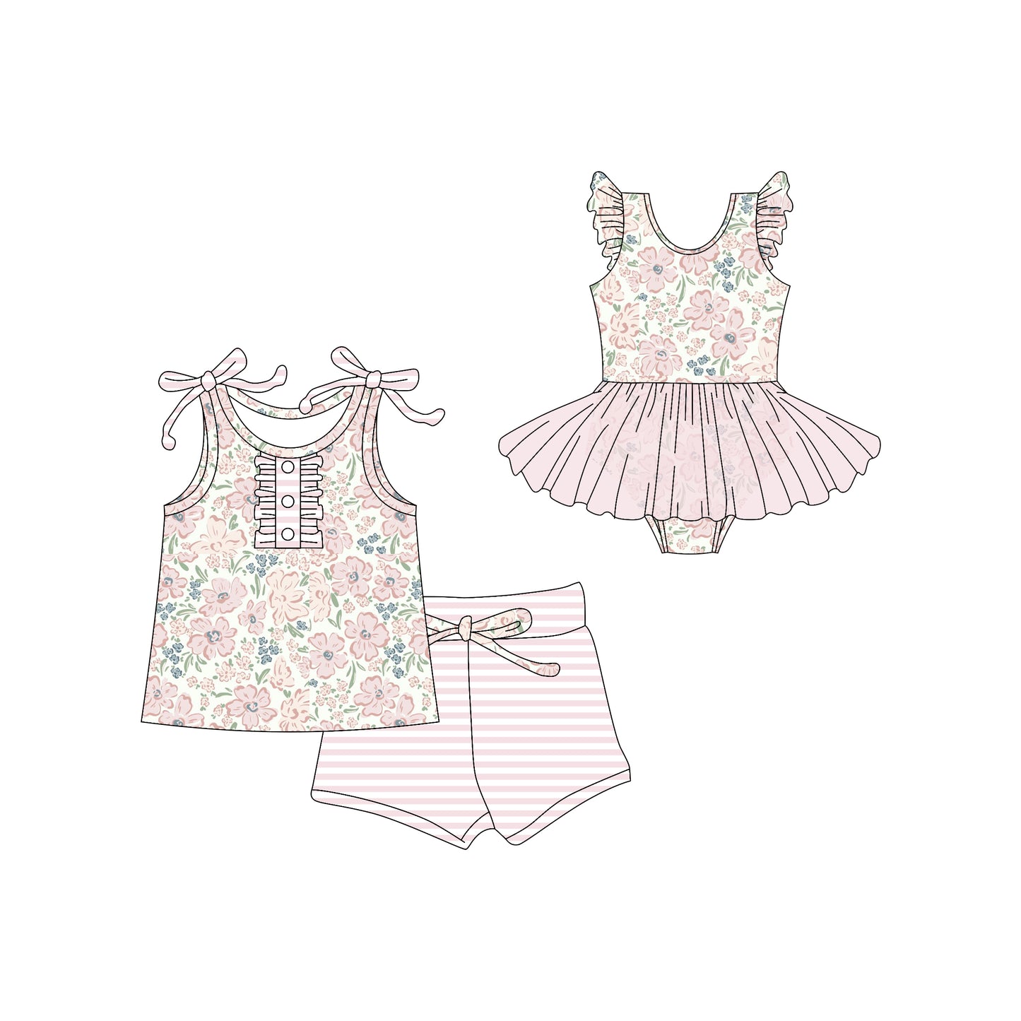 3.1 custom each style moq 5eta 4-6week Sibling Sister floral baby girl short sleeve shorts sets and romper match design