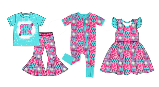 12.23 custom each style moq 5eta 4-6week Sibling Sister cow girl baby girl sets and dress and rompers match family design