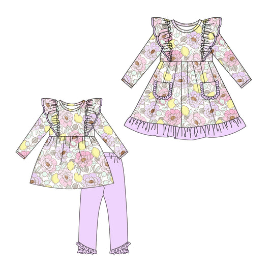25.6.26 custom each style moq 5eta 4-6week Sibling Sisters floral baby girl long sleeve pants sets and dress match family design