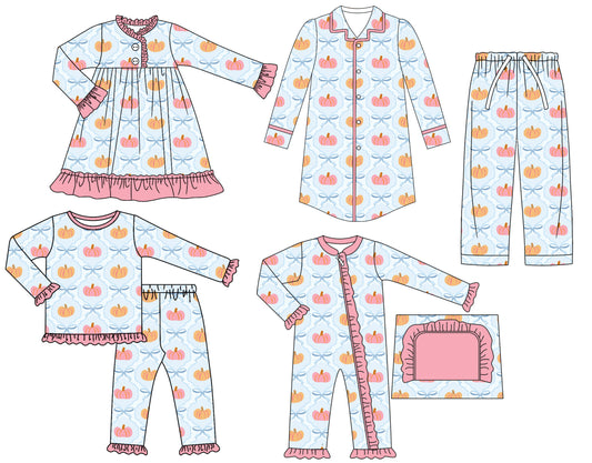 25.6.24 custom each style moq 5eta 4-6week Sibling Sisters pumpkin bow baby girl long sleeve pants sets and adult top and adult pants and romper and dress match family design