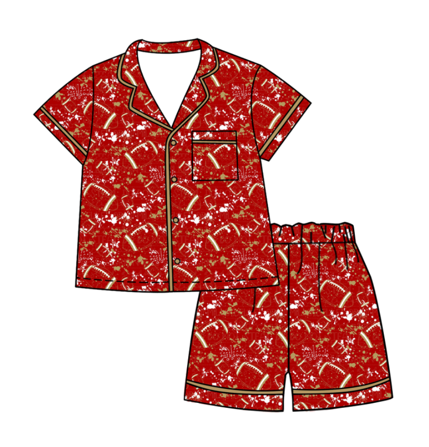 Custom moq 5 mix size milk silk summer teams Baby Girls Football Button Pocket Top Short Pajamas Sets Cute Infant Sleepwear