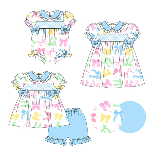 3.14 custom each style moq 5eta 4-6week Sibling Sisters bow baby girl short sleeve shorts sets and dress and rompers match family design