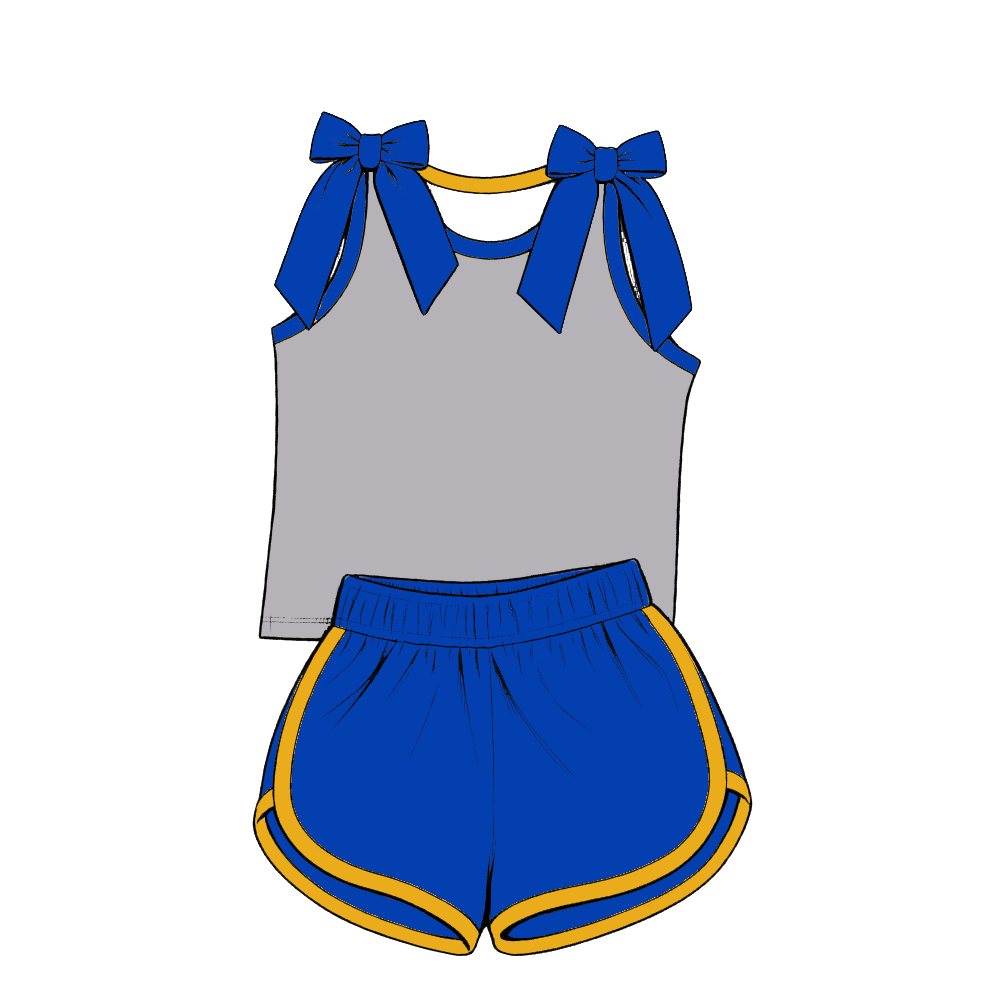 custom moq 5 mix size Baby Girls Bow Sleeveless Blue Top Shorts Summer Casual Clothes Set