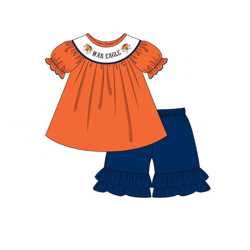 custom moq 3 eta 6-7weeks Girls' short-sleeved shorts navy blue sui orange sets