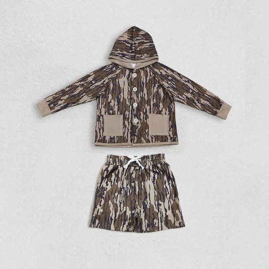 RTS NO MOQ（In Stock) baby boys clothes camouflage hooded long Sleeve Shorts sets