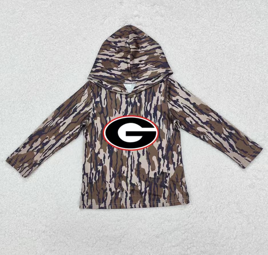Custom moq 5 mix size milk silk summer team baby girls and boys clothes camouflage hooded long sleeve top-25.10.22