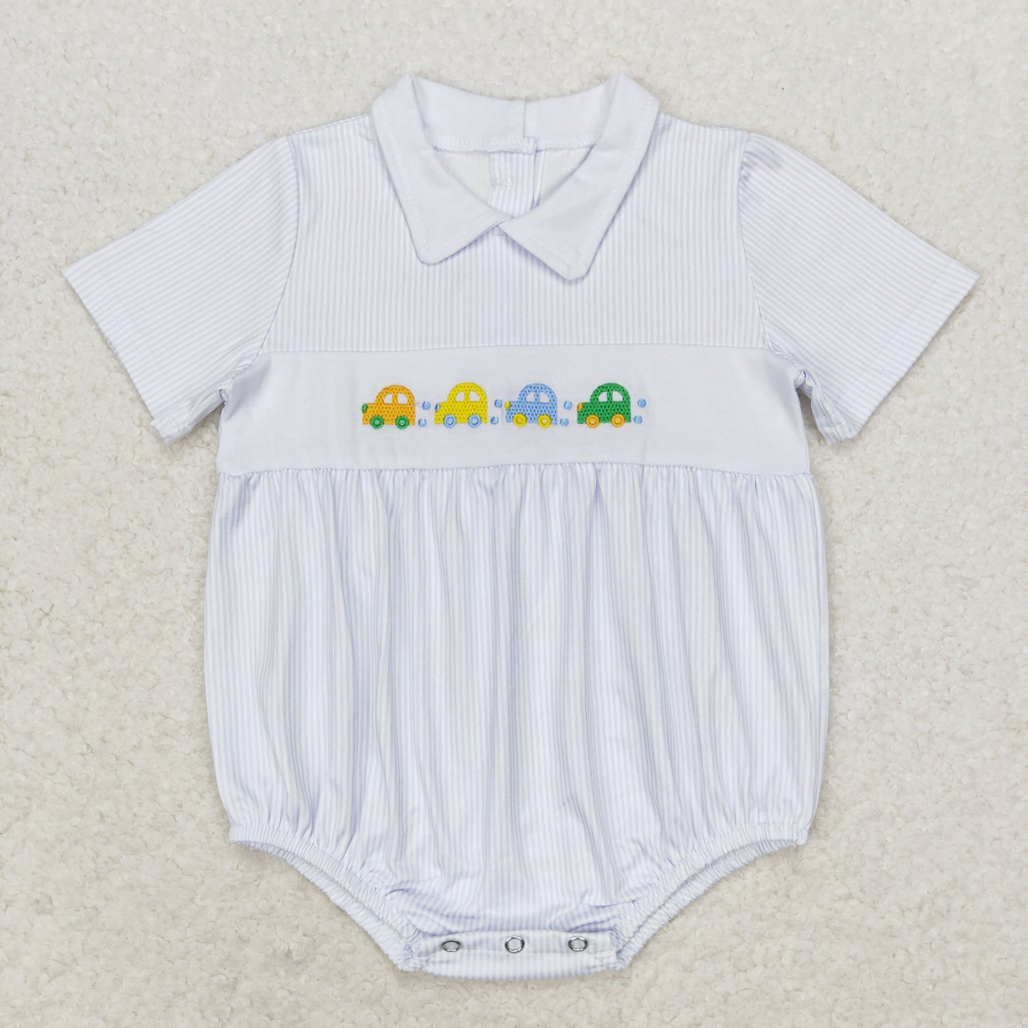 RTS NO MOQ（In Stock) Embroidered car blue striped collar short-sleeved jumpsuit