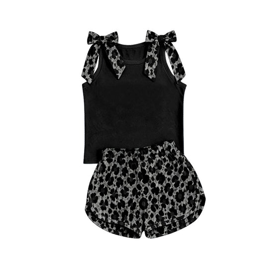 custom moq 5 mix size Baby Girls Black Leopard Bow Sleeveless Black Top Leopard Shorts Summer Set