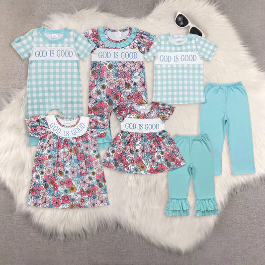RTS NO MOQ Boys and Girls Sky Blue Short Sleeve Pants Set & Climbing Suit & Short Sleeve Dress