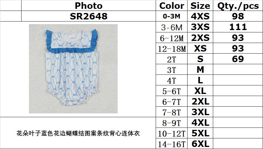 RTS NO MOQ ETA 5/7days arrived SR2648 Flower leaves blue lace bow pattern striped vest jumpsuit