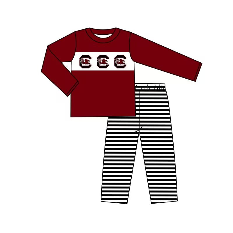 Custom moq 5 tat about 6-8 weeks baby boys clothes team brick red long sleeve pants pajamas sets