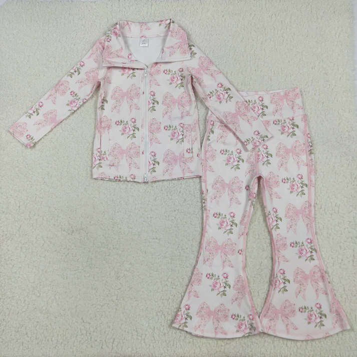 RTS NO MOQ Sibling baby girl clothes Rugby Pink Bow Patterned Yoga Zipper Long-Sleeved Top Pants sets