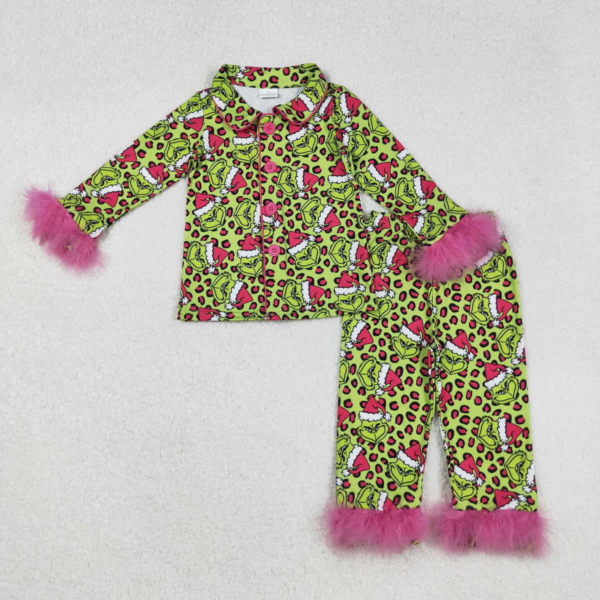 RTS NO MOQ（In Stock) GLP2669 leopard print rose red plush trim green long-sleeved trousers pajama set