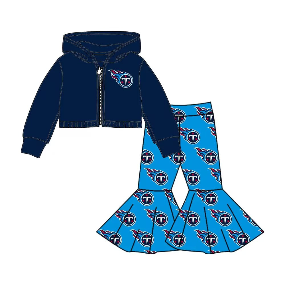 Custom moq 3 tat about 6-8 weeks  team baby girls clothes blue hooded long sleeve and long pants suit