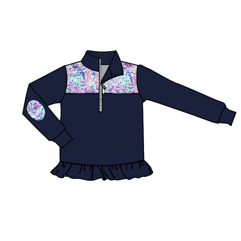 Deadline November 27 custom no moq eta 6-8weeks Baby Girls Colorful Smudge Shoulder Design Blue and Black Lace Zipper Pullover Top