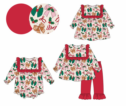25.6.10 custom each style moq 5eta 4-6week Sibling Sisters Christmas bow baby girl long sleeve pants sets and dress and rompers match family design