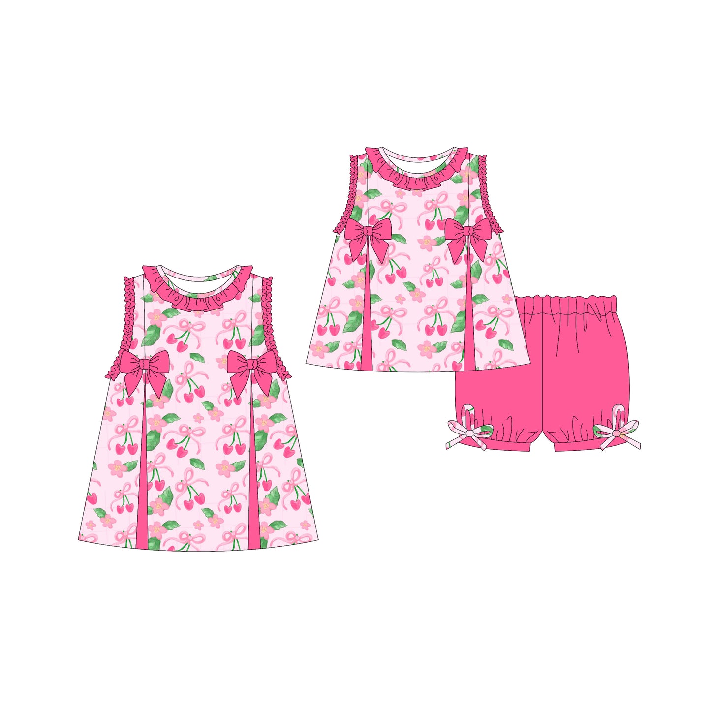 3.22 custom each style moq 5eta 4-6week Sibling Sister starwberry bow baby girl short sleeve shorts sets and dresses match design