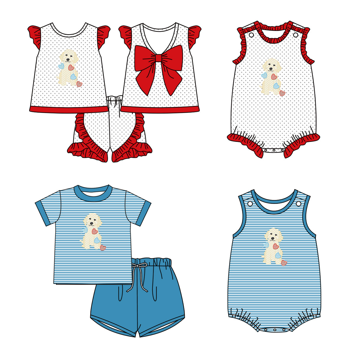 11.30 custom each style moq 5eta 4-6week Sibling Sister puppy baby girl short sleeve shorts sets and sets 2 and girls romper and boy romper match design