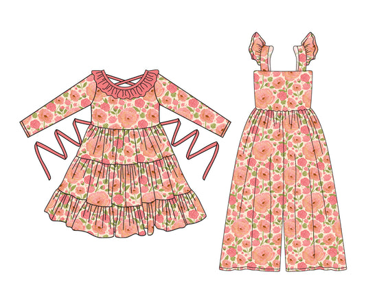 25.5.12 custom each style moq 5eta 4-6week Sibling Sister floral baby girl long sleeve dresses and jumpsuit match design