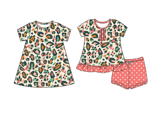 4.21 custom each style moq 5eta 4-6week Sibling Sister leopard baby girl short sleeve shorts sets and dresses match design