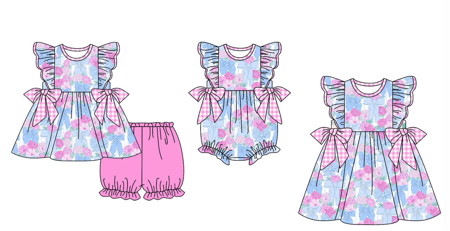 11.27 custom each style moq 5eta 4-6week Sibling Sister bow floral baby girl short sleeve shorts sets and dress and rompers match family design