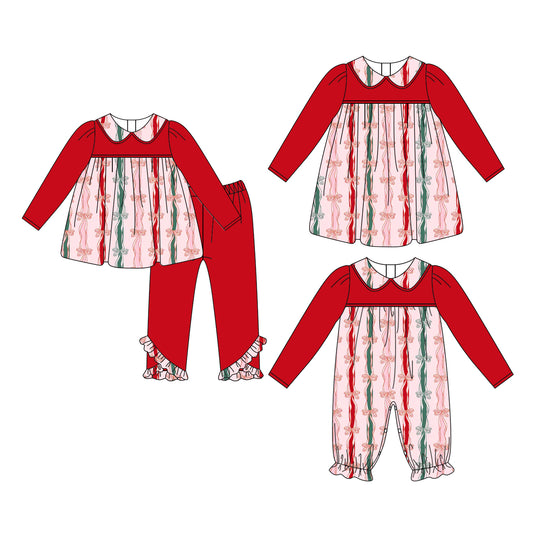 25.6.5 custom each style moq 5eta 4-6week Sibling Sisters bow red baby girl long sleeve pants sets and dress and rompers match family design