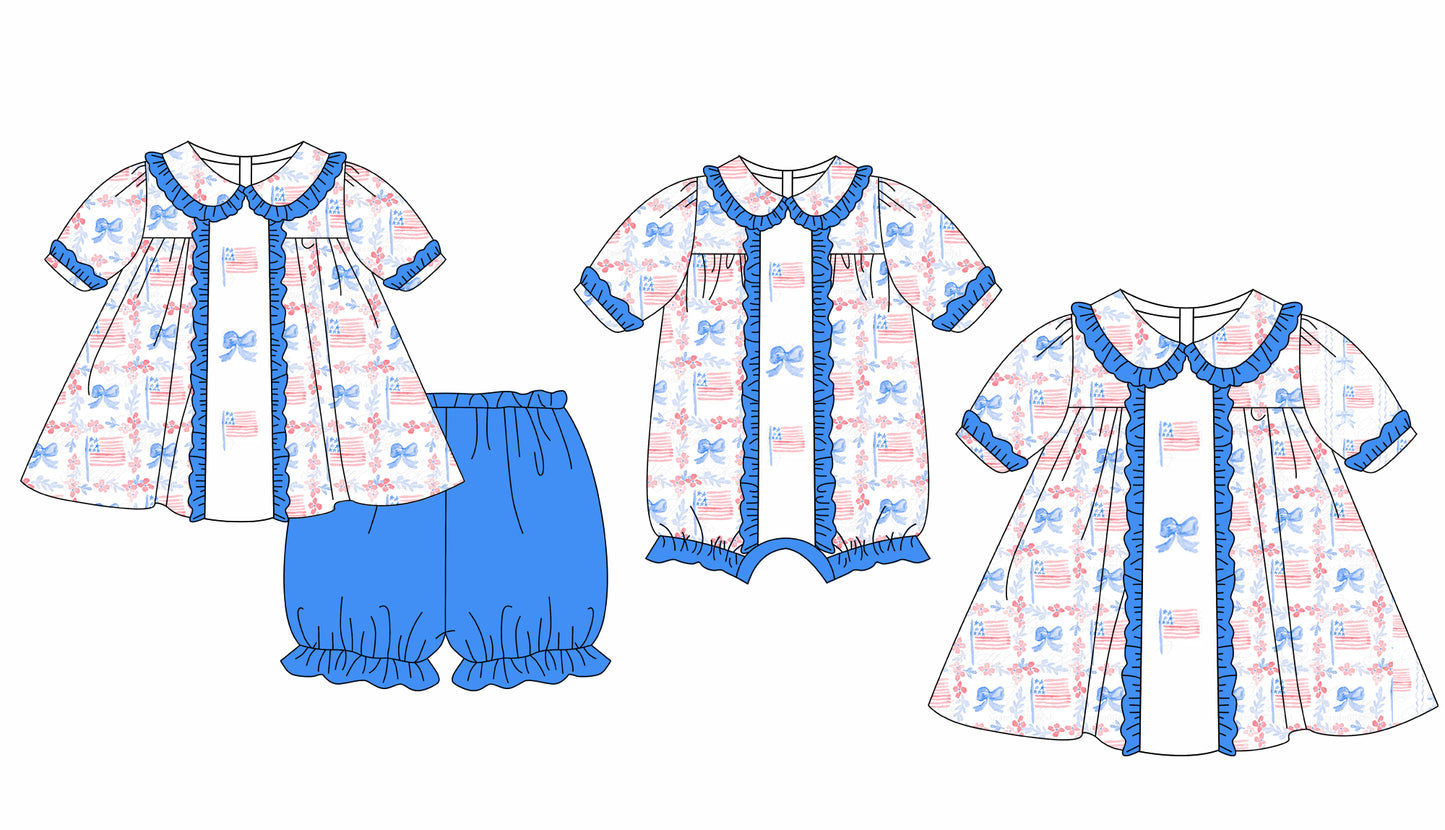 11.25 custom each style moq 5eta 4-6week Sibling Sister 4th of july bow baby girl short sleeve shorts sets and dress and rompers match family design