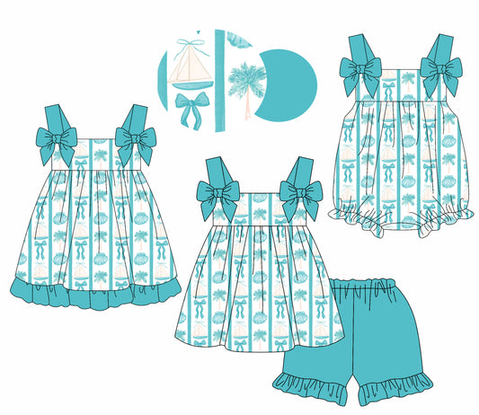 3.31 custom each style moq 5eta 4-6week Sibling Sisters bow baby girl short sleeve shorts sets and dress and rompers match family design