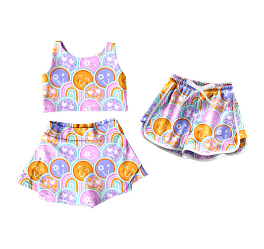 4.16 custom each style moq 5eta 4-6week Sibling Sister smiley baby girls clothes Short sleeve yoga dress and shorts match family design