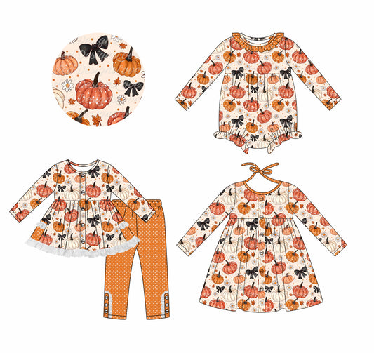 25.7.4 custom each style moq 5eta 4-6week Sibling Sisters pumpkin bow baby girl long sleeve pants sets and dress and rompers match family design
