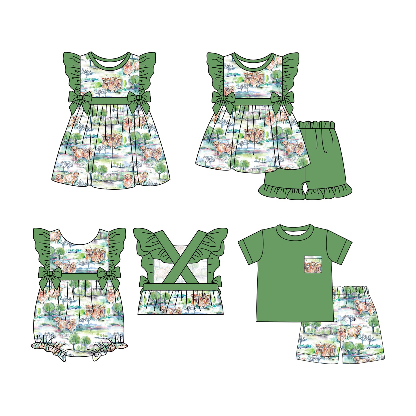 3.27 custom each style moq 5eta 4-6week Sibling Sisters green baby girl short sleeve shorts sets and dress and rompers match family design