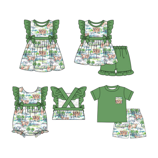 3.27 custom each style moq 5eta 4-6week Sibling Sisters green baby girl short sleeve shorts sets and dress and rompers match family design