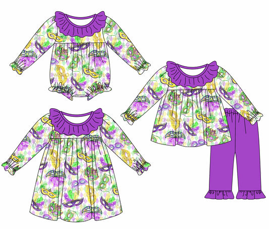 25.9.6 custom each style moq 5eta 4-6week Sibling Sisters mardi gras baby girl long sleeve pants sets and dress and rompers match family design