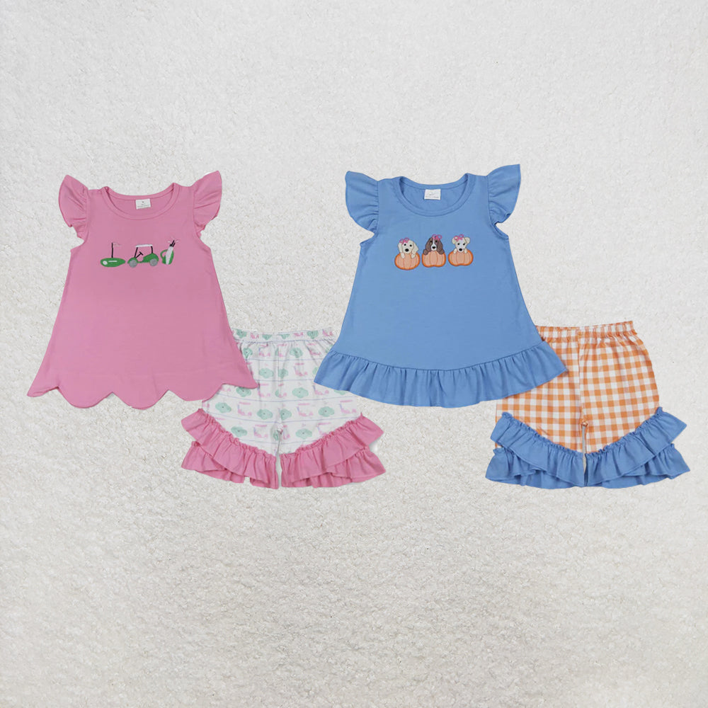 RTS NO MOQ Sibling Baby Girls Embroidery Pumpkins Dogs Shorts Clothes Sets Rompers
