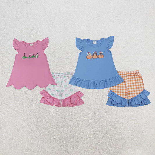 RTS NO MOQ Sibling Baby Girls Embroidery Pumpkins Dogs Shorts Clothes Sets Rompers
