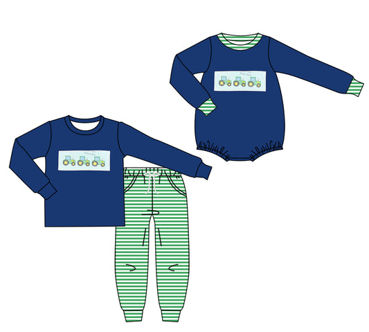25.7.18 custom each style moq 5eta 4-6week Sibling Sister tractor baby boy long sleeve pants sets and rompers match family design