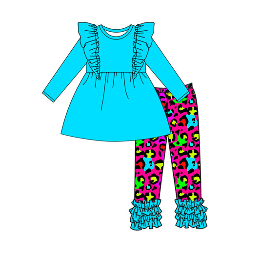 9.24 custom each style moq 5eta 4-6week baby girls clothes leopard blue long sleeve pants sets