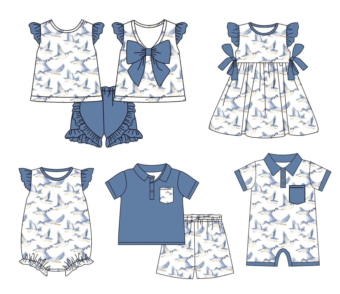 11.9 custom each style moq 5eta 4-6week Sibling Sister duck blue baby girl short sleeve shorts sets 1 and  sets 2 and girls romper and boy romper and dress match design