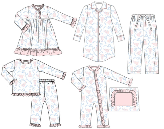 25.6.24 custom each style moq 5eta 4-6week Sibling Sisters Christmas bow baby girl long sleeve pants sets and adult top and adult pants and romper and dress match family design